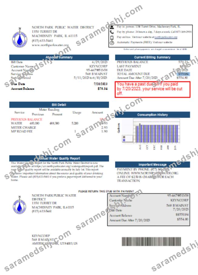 Illinois North Park Public Water District IL utility business bill,  SCR